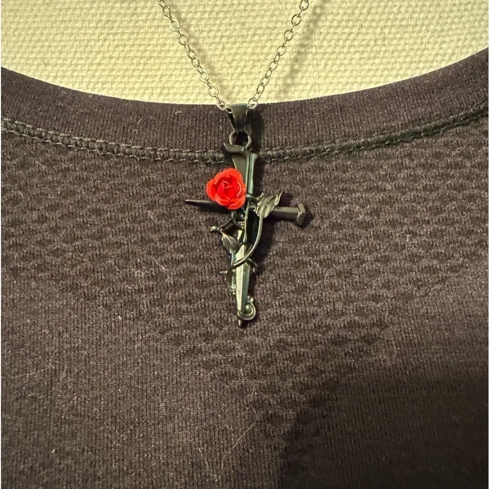 Black Cross Necklace with Nail and Red Rose. 16” to 18” Silver Chain Rose Cross